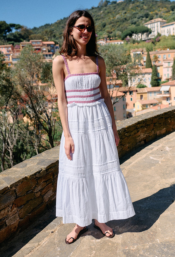 Carolyne Floral Embroidered White Voile Dress