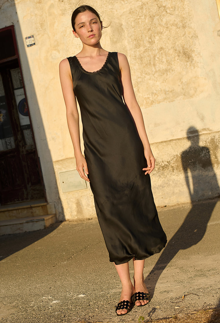 Leticia Black Satin Midi Dress