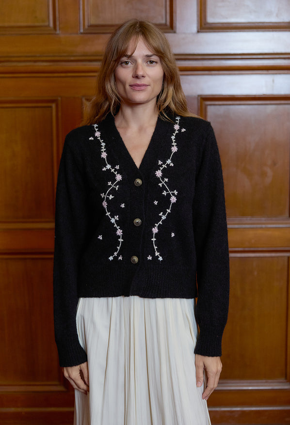 Karolina Embroidered Alpaca Cardigan Black
