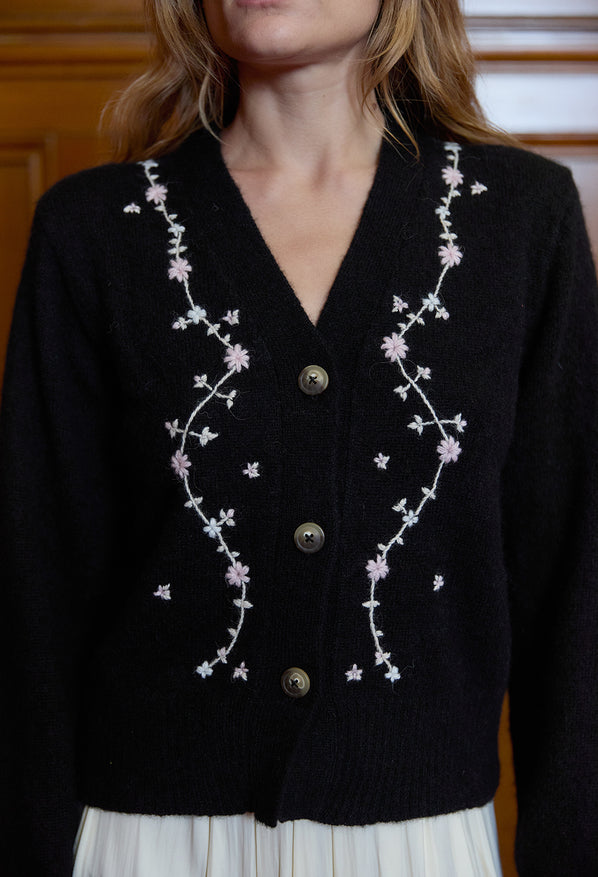 Karolina Embroidered Alpaca Cardigan Black