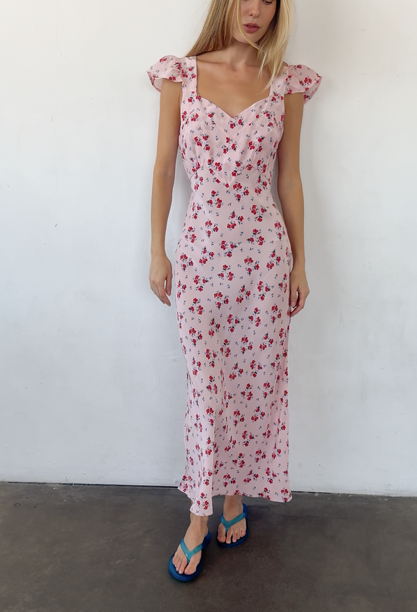 Aurora Geranium Print Silk Midi Dress