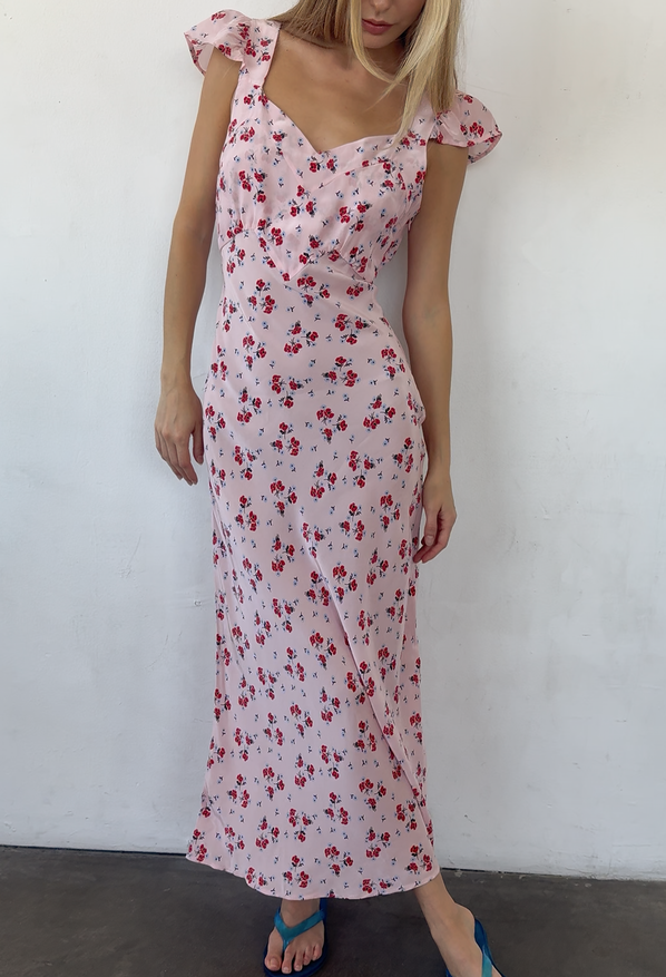 Aurora Geranium Print Silk Midi Dress