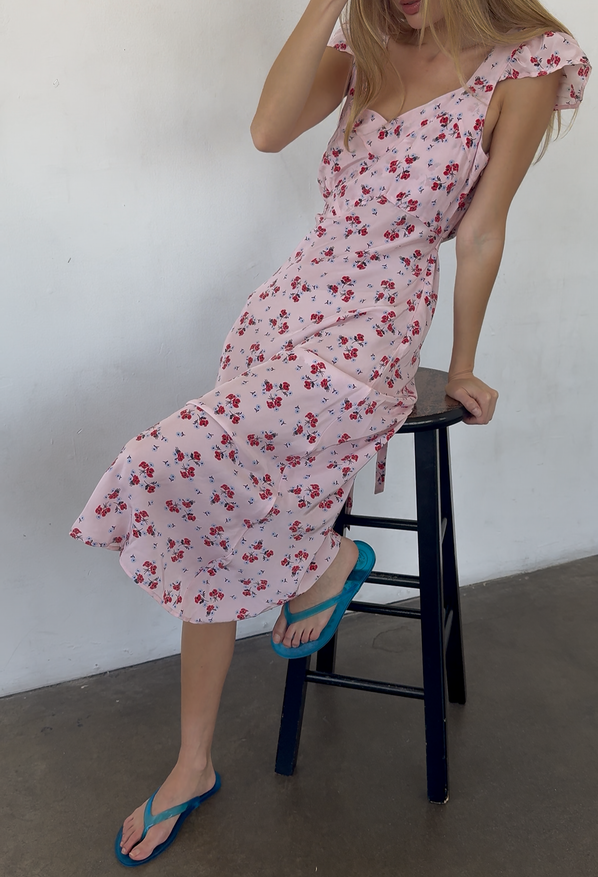 Aurora Geranium Print Silk Midi Dress