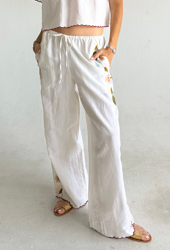 Ermmano White Embroidered Linen Pant