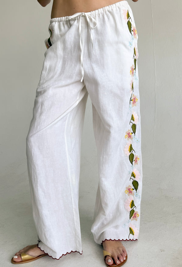 Ermmano White Embroidered Linen Pant