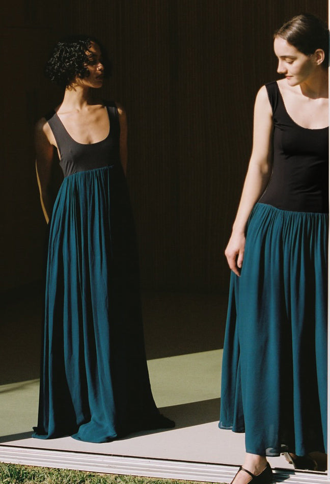 Ninette Navy Chiffon and Jersey Maxi Dress