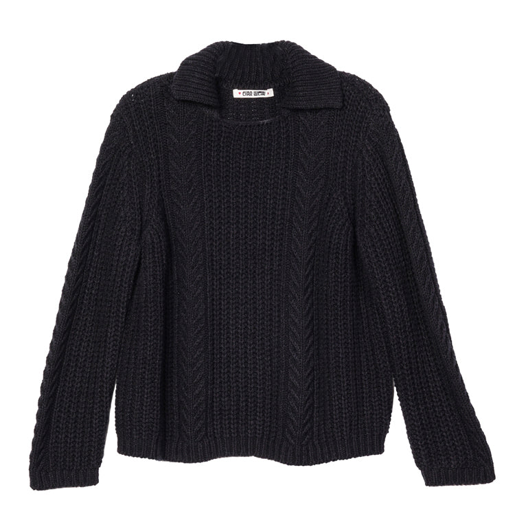 Aubrey Black Cotton Collared Pullover