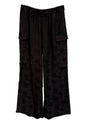 Black floral patterned wide-leg pants with waist tie and pockets on a white background