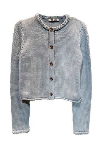 Light blue knitted button down cardigan with chunky braided trim details against a white background. 